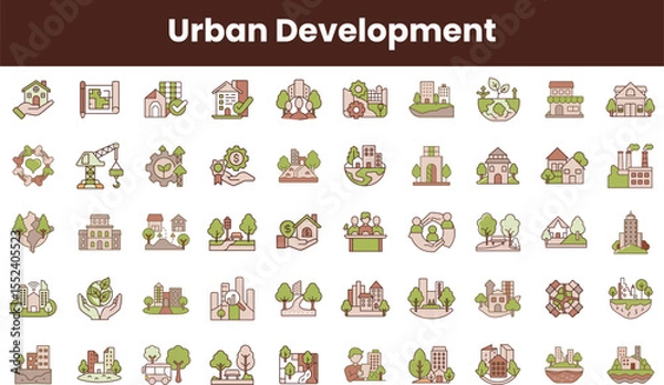 Fototapeta A vibrant collection of urban development icons showcasing sustainable buildings, green spaces, and community growth, designed with a modern and eco-friendly aesthetic.