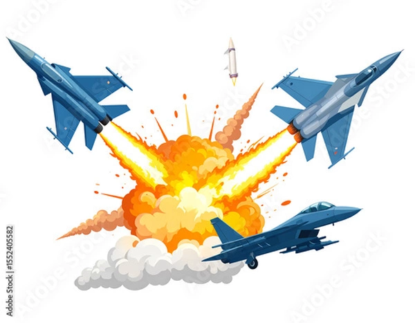 Obraz Three fighter jets engaged in aerial combat, amidst a fiery explosion and smoke