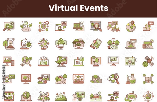Fototapeta A colorful collection of icons representing virtual events, featuring elements like computers, nature, and educational symbols, showcasing a modern digital landscape.