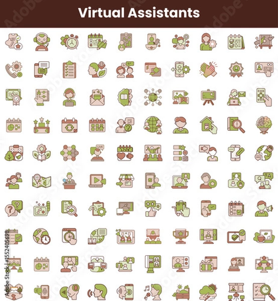 Fototapeta A diverse array of colorful icons representing various tasks and roles of virtual assistants, showcasing technology and support themes.