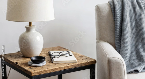 Fototapeta Hamptons coastal side table with ceramic lamp and neutral decor, elegant beachhouse styling for luxury home website banners and interior design headers
