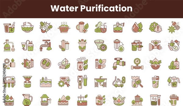 Fototapeta A vibrant collection of water purification icons, including filters, distillers, and purification systems, showcasing eco-friendly techniques in a modern design.