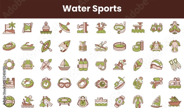 Fototapeta A vibrant collection of water sports icons, featuring kayaks, diving gear, and floating devices, showcasing a lively aquatic theme with various engaging activities.