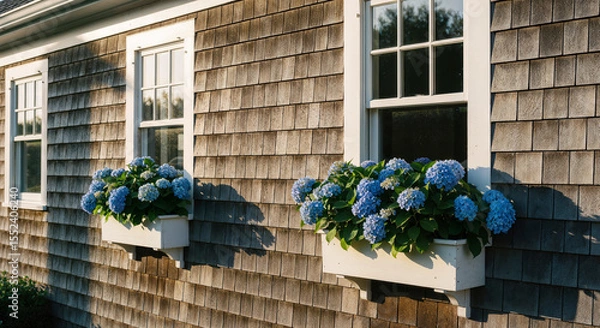 Fototapeta Hamptons beachhouse exterior with cedar shingle siding and blue hydrangea window boxes, classic coastal architecture for luxury vacation rental website banners and headers