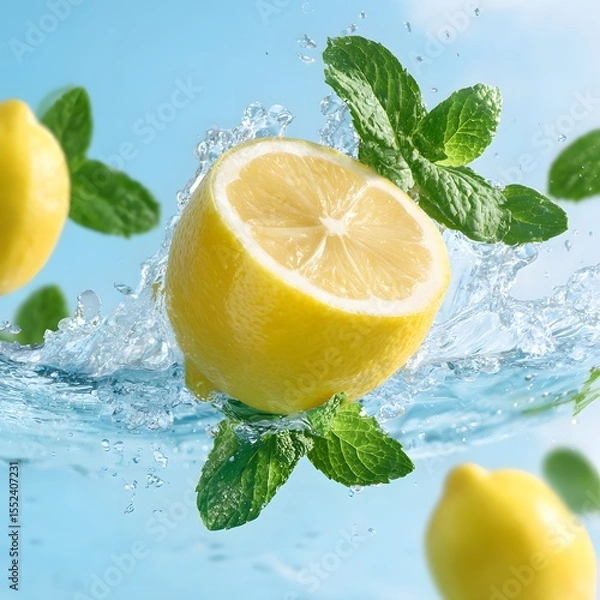 Fototapeta A photo of a halved lemon splashing video, generation AI 