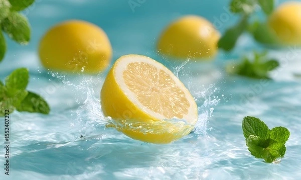 Fototapeta A photo of a halved lemon splashing video, generation AI 