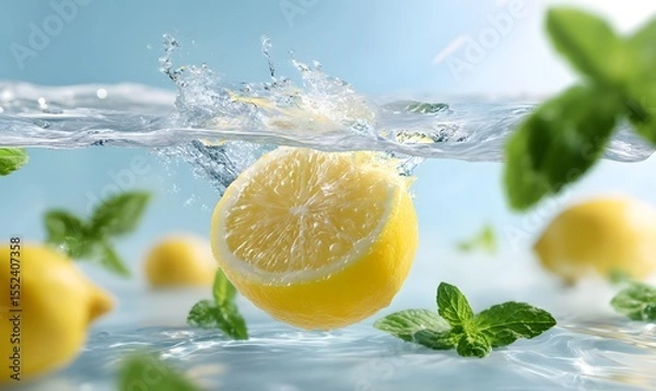 Fototapeta A photo of a halved lemon splashing video, generation AI 