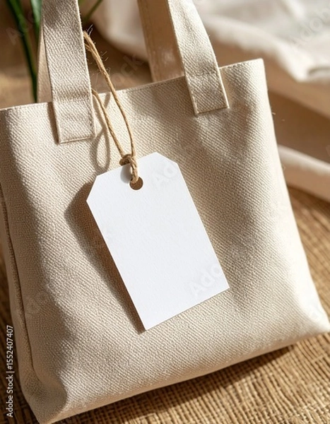 Fototapeta Natural Canvas Tote Bag With Blank Tag for Customization and Branding