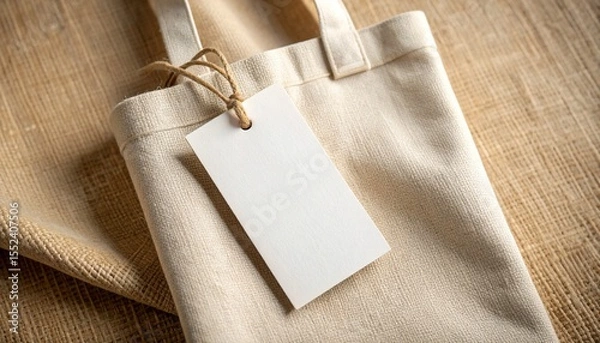 Fototapeta Natural Canvas Tote Bag with Blank Tag for Customization and Branding