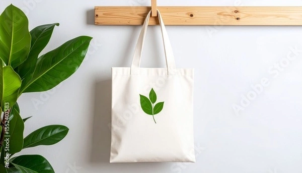 Fototapeta Eco friendly reusable canvas tote bag with green leaf motif hanging on a wooden hook