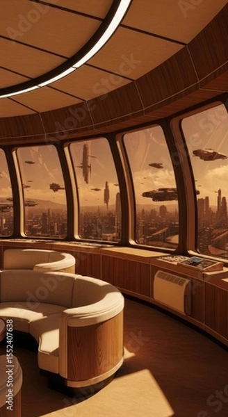 Fototapeta Sci-Fi Nostalgia: Retro Interior Background with a View of a Futuristic Cityscape.
