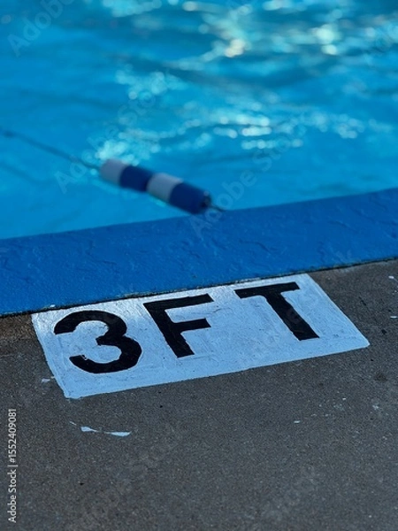 Obraz a painted pool edge with a 3 foot depth sign  on the sidewalk - corner of swimming pool, blue water and a safety rope. High angle view of public swim park