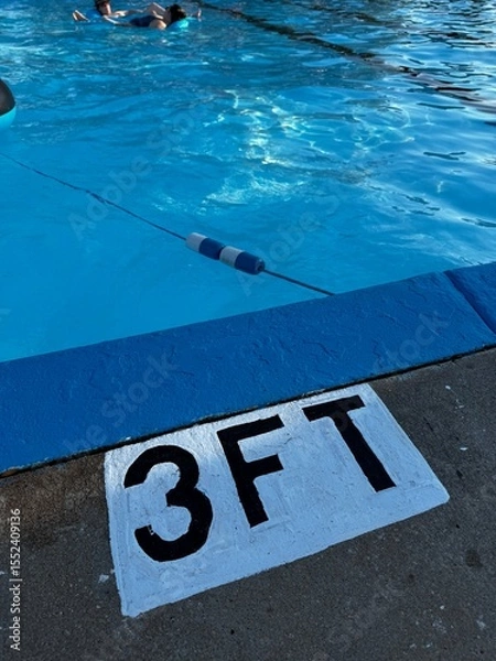 Obraz swimming pool depth sign - The shallow end of a pool with a 3 foot depth sign painted on the concrete - edge of swimming pool, blue water and a safety rope. Low angle view of public swim park