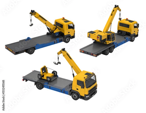 Obraz Three isometric views of a yellow recovery truck with a crane and a flatbed