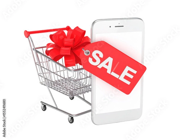 Obraz A miniature shopping cart with a gift bow next to a smartphone displaying a "SALE" tag, illustrating online shopping deals