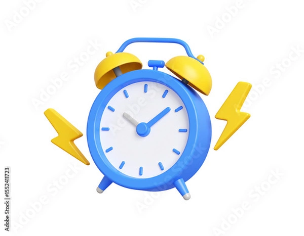 Obraz A 3D-rendered blue alarm clock with yellow bells and lightning bolts, signifying urgency and time management