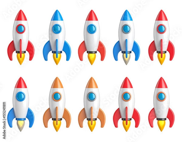 Obraz A collection of twelve cartoon rockets in various color schemes, ready for launch