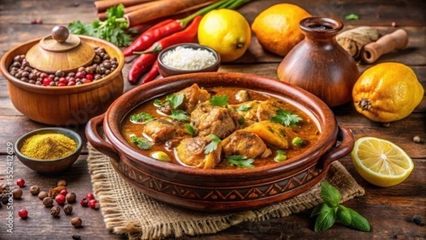 Fototapeta Traditional Moroccan chicken tagine stew simmering in a large clay pot with aromatic spices and lemons on the stove