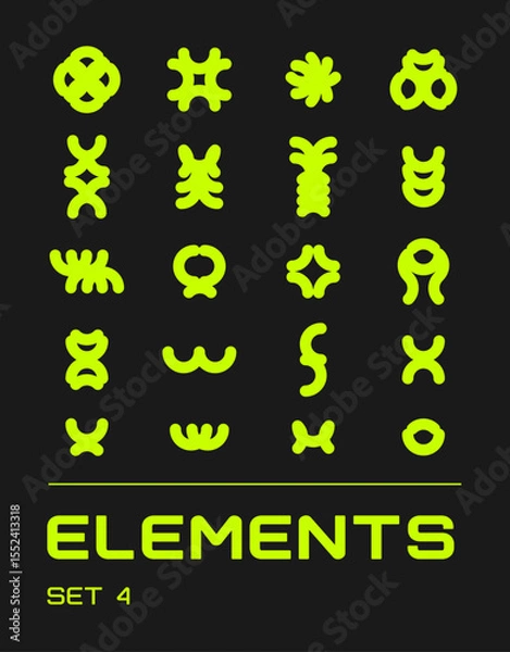 Fototapeta Rave psychedelic retro futuristic set. Surreal geometric shapes, abstract backgrounds and patterns, wireframe, cyberpunk elements and perspective grids. Vector elements and signs in trendy psychedelic