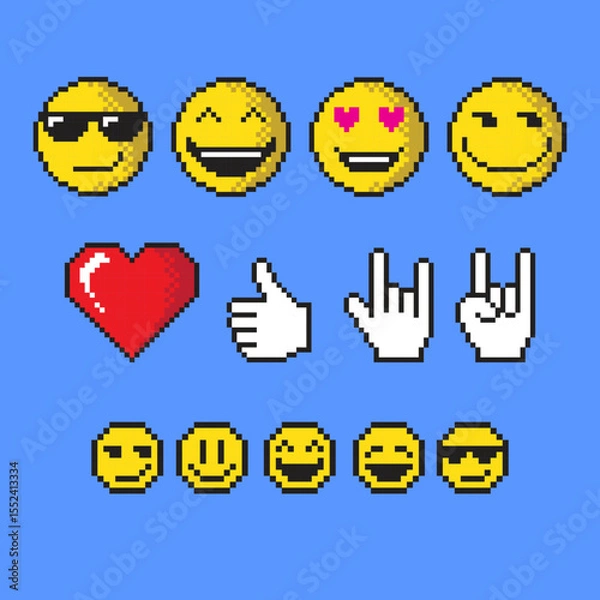 Fototapeta Set of y2k pixel elements. Collection of pixel heart, smile faces, hands. Design for print, cartoon, card, decoration, sticker.