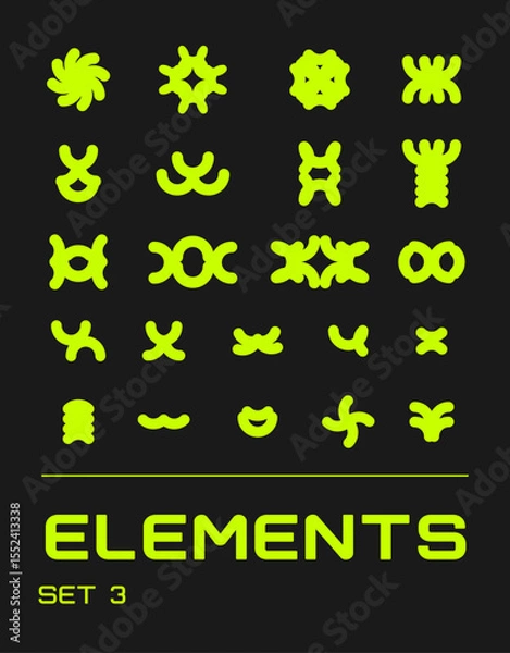 Fototapeta Rave psychedelic retro futuristic set. Surreal geometric shapes, abstract backgrounds and patterns, wireframe, cyberpunk elements and perspective grids. Vector elements and signs in trendy psychedelic