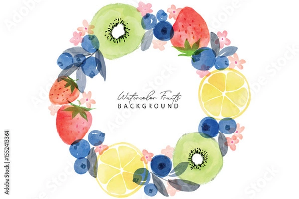 Obraz Set of summer fruits watercolor art pattern frame background. Sweet kiwi, strawberry, blueberry and lemon in frame.Summer fruits pattern. Fruit berry background. Watercolor fruit texture