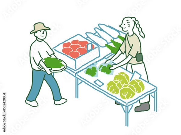 Obraz ファーマーズマーケット　八百屋　 手描きアイソメトリックイラスト
