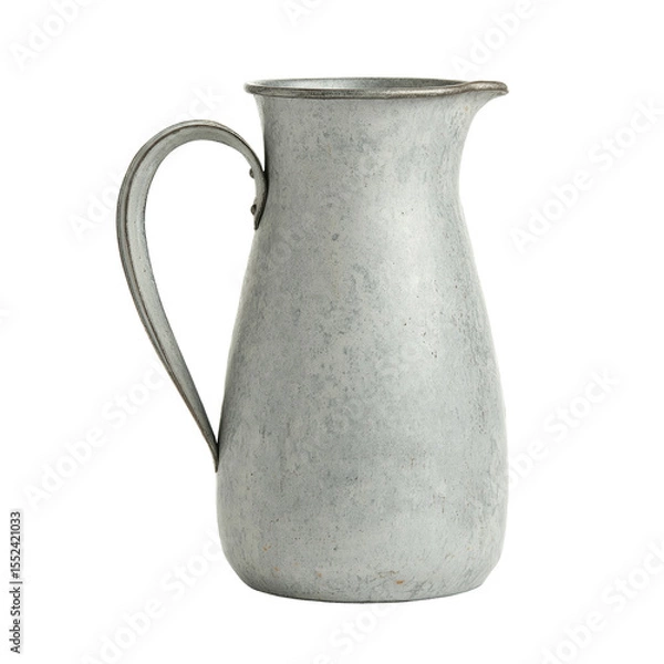 Fototapeta PNG Vintage rustic metal pitcher with weathered finish and curved handle on white background