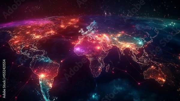 Fototapeta Illuminating global connectivity a glowing world map of distribution networks digital landscape aerial view modern concept
