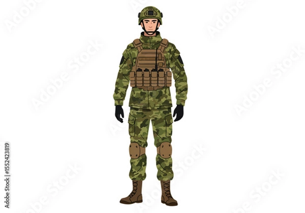 Obraz Fullbody illustration of a soldier in camouflage uniform with tactical gear.