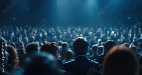 Fototapeta Large group of businesspeople attending a conference in a spacious auditorium, illuminated by blue lighting, engaging with the speaker