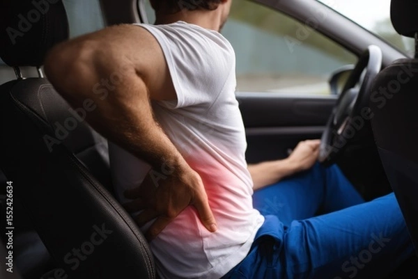Fototapeta Man driving while experiencing backache, highlighted in red, gripping his lower back in discomfort and struggling with pain