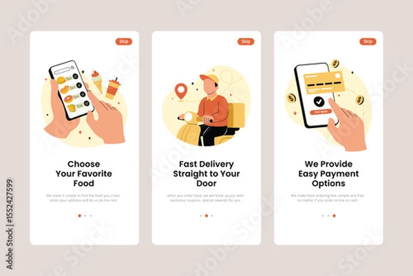 Fototapeta Onboarding Mobile App Screens for Food Order and Delivery. Order food on line banners, mobile application design. Order process concept