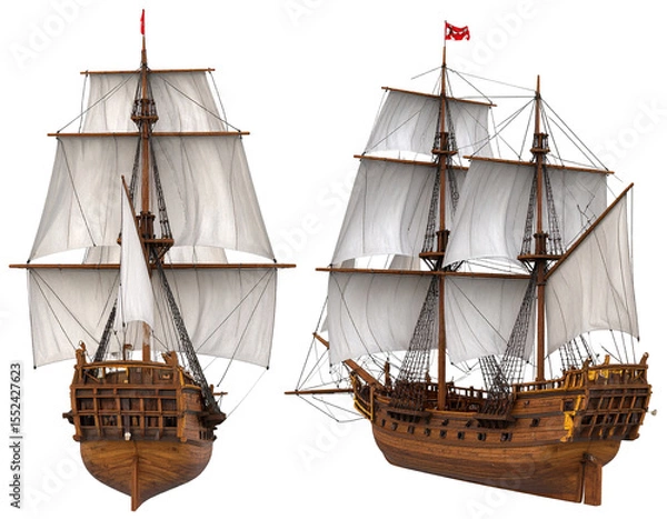 Fototapeta Detailed view of a meticulously crafted wooden sailing ship model, showcasing its stern and side profiles with billowing sails
