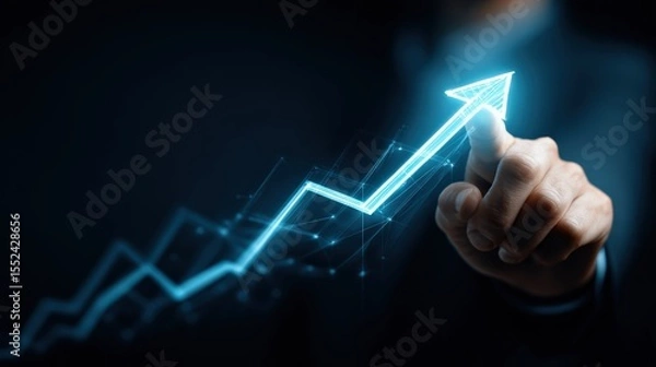 Fototapeta Businessman is touching growing financial chart with an upward arrow, indicating growth and success