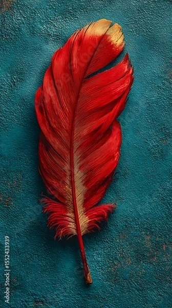 Fototapeta Red feather on teal background, isolated with strong contrast, vibrant mood