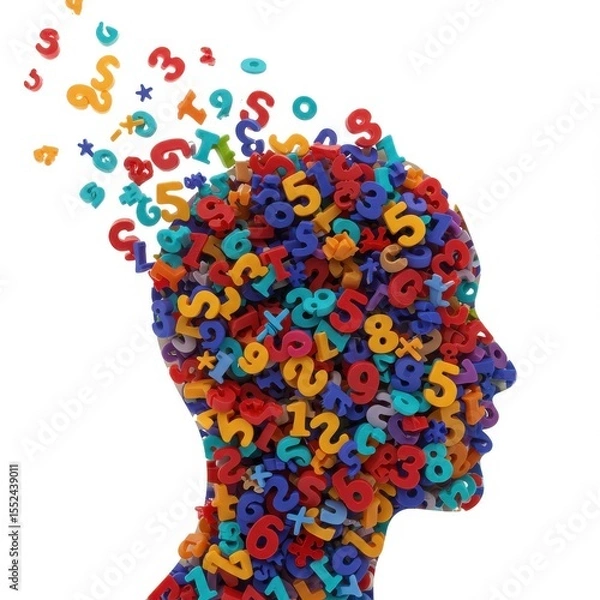 Fototapeta Head silhouette filled with colorful numbers isolated on white background. use cases: education and mathematics.