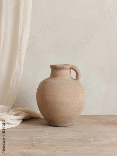 Obraz editorial aesthetic rustic ceramic beige vase and a white curtain on beige textured backdrop, tactile organic brand image
