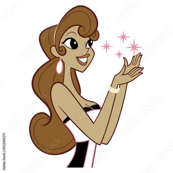Fototapeta An animated woman with brown hair smiles, holding her hands open with pink stars sparkling above them, symbolizing magic, wonder, or an enchanting presentation.