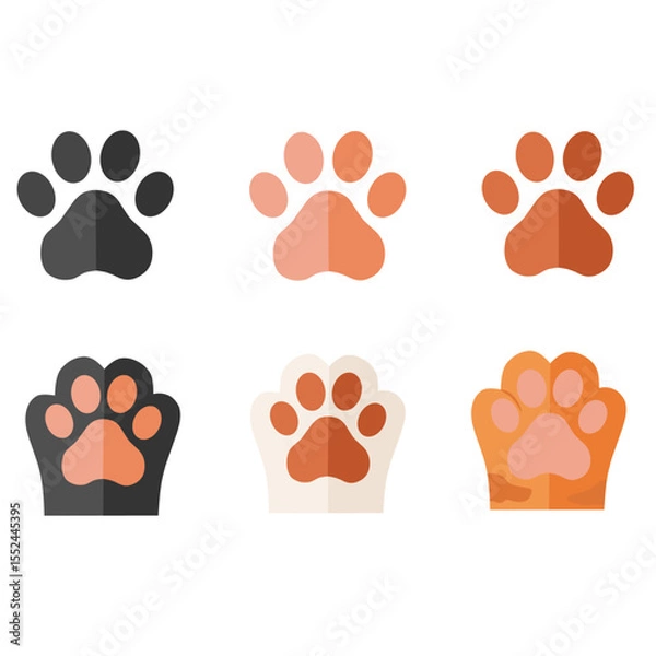 Fototapeta Colorful flat-style cat paw prints and paw pads in various fur colors. Cute vector illustration of cartoon kitten feet, perfect for pet-themed designs and stickers