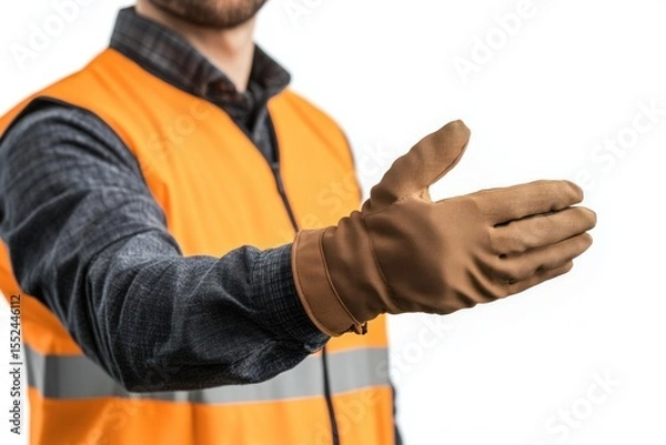 Obraz Close-up of factory worker in high-visibility clothing and heavy-duty gloves, hand outstretched in a firm gesture