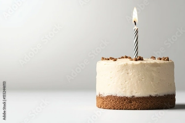 Obraz Close-up of a handcrafted birthday cake with a single candle, realistic texture in the frosting and natural lighting