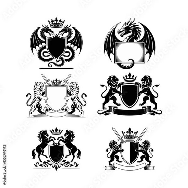 Obraz Set of Six Medieval Heraldic Crests and Coat of Arms Designs, featuring mythical dragons, lions, tigers, and horses combined with shields, crowns, and swords for powerful emblem creation.