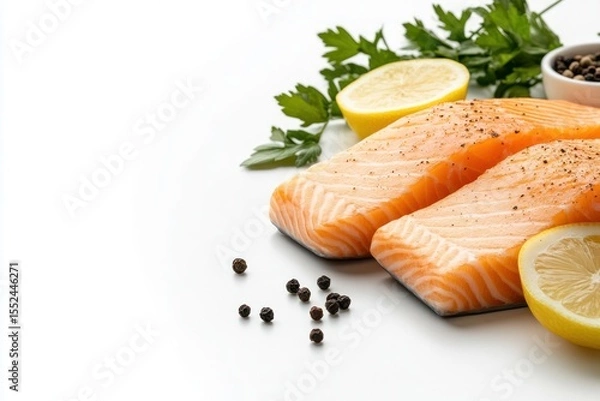 Obraz Close-up of fresh salmon fillet with visible texture and sprinkled black pepper, arranged next to lemon slices and herbs