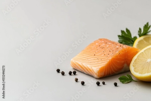 Obraz Close-up of fresh salmon fillet with visible texture and sprinkled black pepper, arranged next to lemon slices and herbs