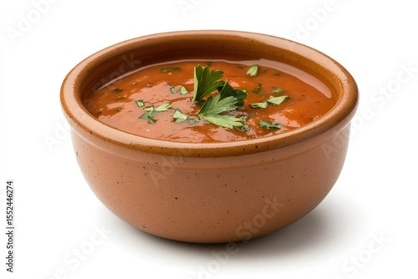 Obraz Close-up of tangy tomato salsa with visible seeds, herbs, and spices, served in a rustic ceramic dish with natural lighting
