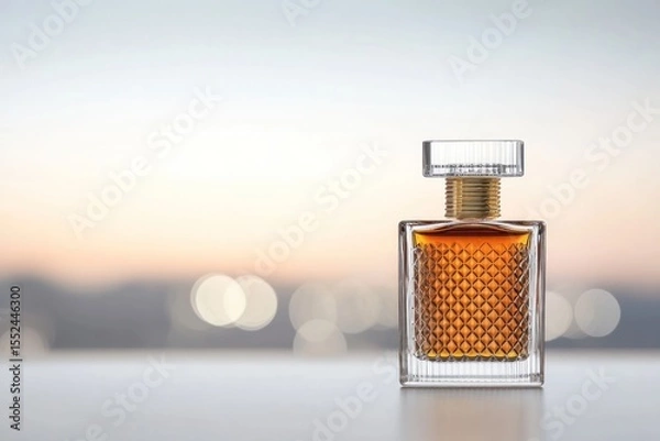 Obraz Elegant still life of a rich amber-hued perfume bottle detailed with ornate gold beadwork, illuminated by ambient bokeh lighting