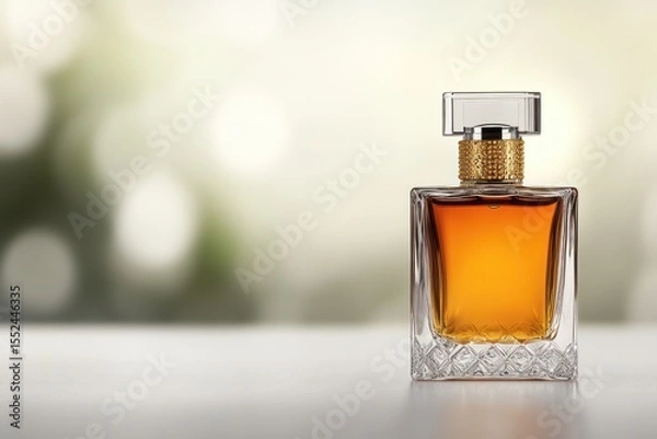 Obraz Elegant still life of a rich amber-hued perfume bottle detailed with ornate gold beadwork, illuminated by ambient bokeh lighting