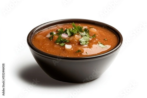 Obraz Freshly made sour tomato salsa with visible tomato chunks, diced onions, and herbs in a clear glass bowl,