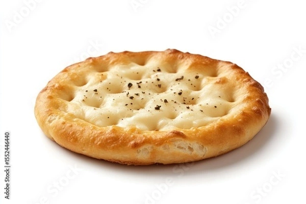 Obraz Gourmet cracker with a creamy layer of cheese and a hint of cracked pepper, resting neatly in the center of a white backdrop